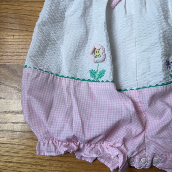 Baby Girl's Pink & White Seersucker Romper Bow Accent Embroidered Flowers - Picture 2 of 7